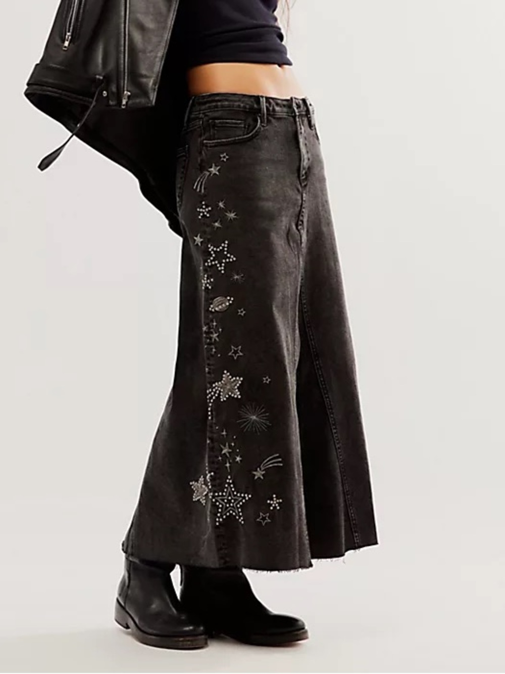 NWT DRIFTWOOD Shooting Star Joanna Black Studded Celestial Maxi Denim Skirt 28